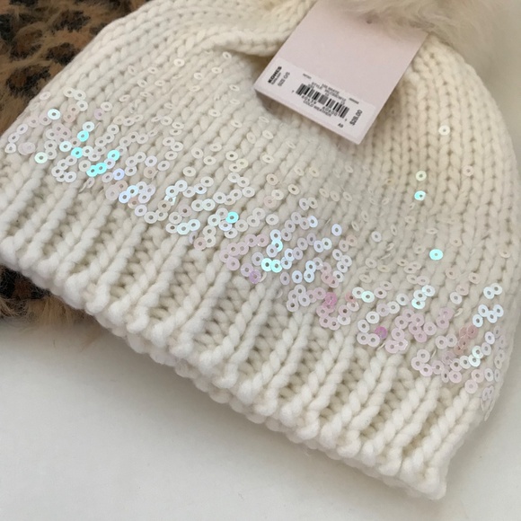 LC LAUREN CONRAD Pom Pom Beanie Hat Sherpa White Pink Sequins Knit Hat NWT - Picture 3 of 9